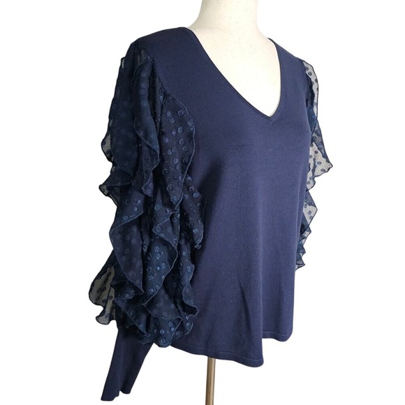 Navy Blue Whimsy Goth Ruffle Statement Sleeve with Swiss Dot Top L - Picture 4 of 10